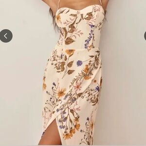 Reformation Kourtney Dress - Floral Spaghetti-Strap Midi Dress in Cream